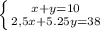 \left \{ {{x+y=10} \atop {2,5x+5.25y=38}} \right.