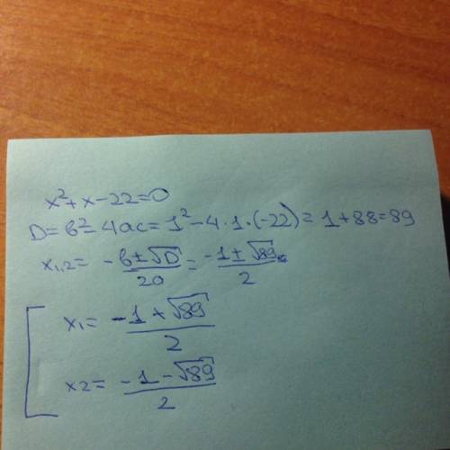 Решить уравнение дискриминантом: x^2+x-22=0