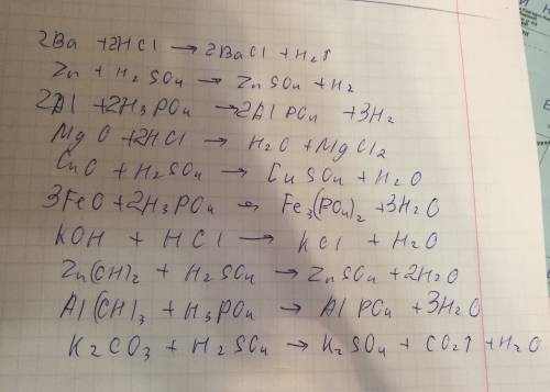 Ba+hcl= zn+h2so4= al+h3po4= mgo+hcl= cuo+h2so4= feo+h3po4= koh+hcl= zn(oh)2+h2so4= al(oh)3+h3po4= k2