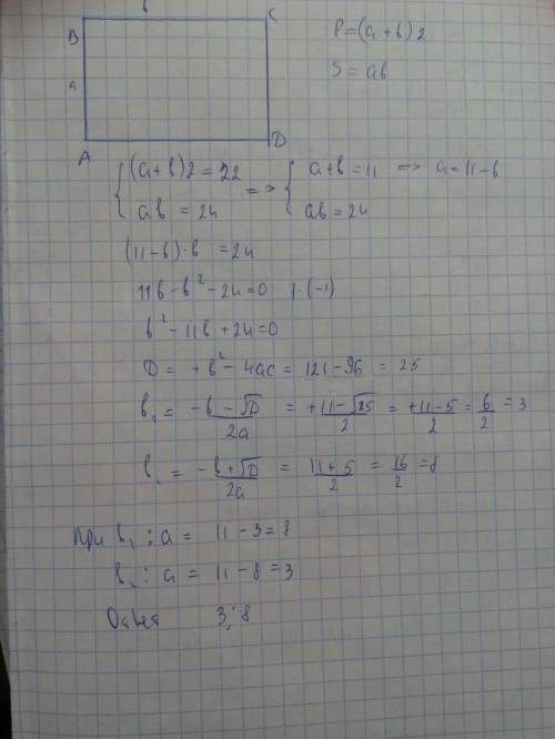Периметр прямоугольника равен 22 см²,а его площадь 24 см².найдите длины сторон прямоугольника