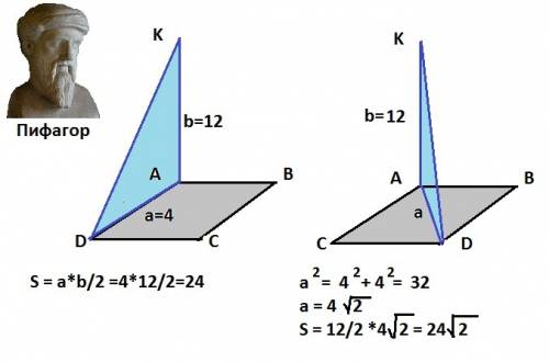 Из вершины a квадрата abcd со стороной 4 м к его плоскости проведен перпендикуляр ak=12 м. найти пло