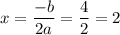 x= \dfrac{-b}{2a} = \dfrac{4}{2} =2