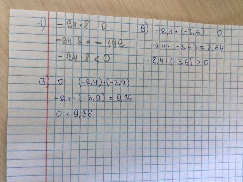 Сравните значение выражений 1)-24×8 и 0 2)-2,4×(-3,6) и 0 3)0 и (-2,4)×(-3,9) 19 б.мне !