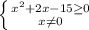 \left \{ {{x^2 + 2x - 15 \geq 0} \atop {x \neq 0}} \right.