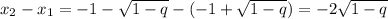 x_2 - x_1 = -1 - \sqrt{1-q} - (-1 + \sqrt{1 - q} ) = -2 \sqrt{1 - q}