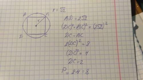 Найдите периметр квадрата вписанного в окружность радиуса √2