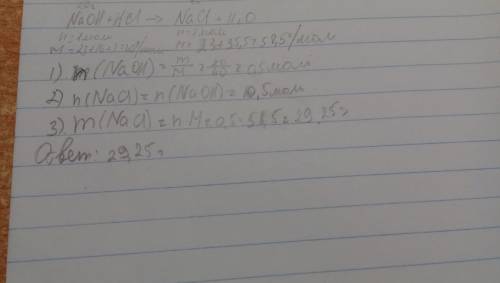 Какая масса хлорида натрия получится при взаимодействии 20г гидроксида натрия с соляной кислотой ?