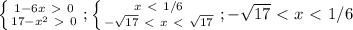 \left \{ {{1-6x\ \textgreater \ 0} \atop {17-x^2\ \textgreater \ 0}} \right. ; \left \{ {{x\ \textless \ 1/6} \atop {- \sqrt{17}\ \textless \ x\ \textless \ \sqrt{17} }} \right. ; - \sqrt{17}\ \textless \ x\ \textless \ 1/6