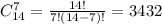 C_{14}^7=\frac{14!}{7!(14-7)!} =3432