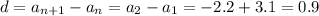 d=a_{n+1}-a_n=a_2-a_1=-2.2+3.1=0.9