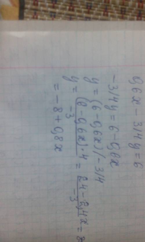Из уравнения 0.6x-3/4y=6 выразите y через x
