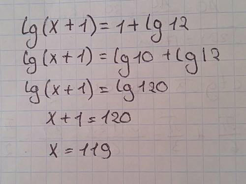 Логарифмическое уравнение lg(x+1)=1+lg12