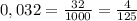 0,032 = \frac{32}{1000} = \frac{4}{125}