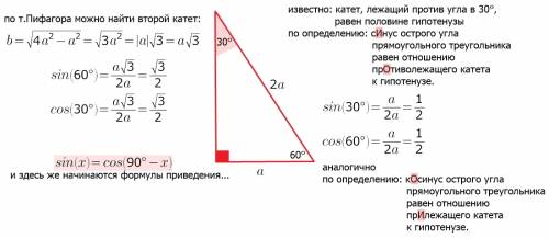 Найдите значения синуса и косинуса для угла в 30° ; в 60°