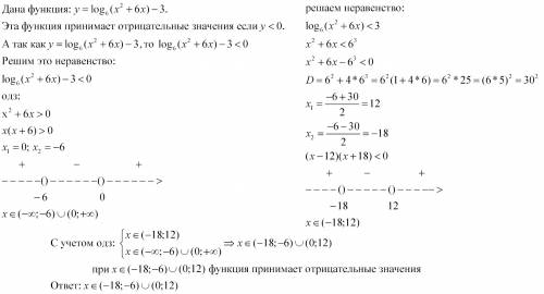 При каких значениях х функция y=log(6)(x^2+6x)-3 принимает отрицательные значения.