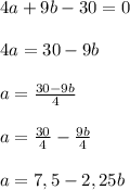 4a+9b-30=0\\\\4a=30-9b\\\\a=\frac{30-9b}{4}\\\\a=\frac{30}{4}-\frac{9b}{4}\\\\a=7,5-2,25b