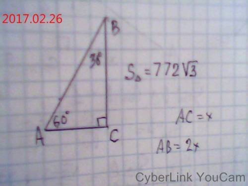 Площадь прямоугольного треугольника равна 772√3. один из острых углов равен 60 градусов. найти длину