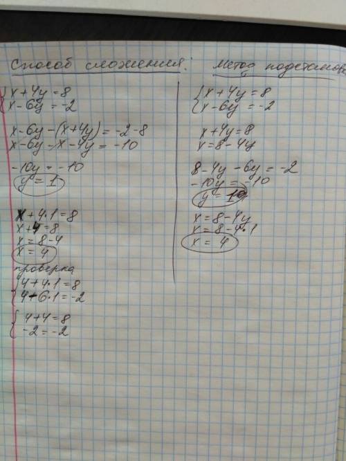 Решите систему уравнений сложения подстановки: x+4y=8 x-6y=-2