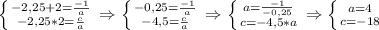 &#10; \left \{ {{-2,25+2=\frac{-1}{a}} \atop {-2,25*2=\frac{c}{a}}} \right. \Rightarrow \left \{ {{-0,25=\frac{-1}{a}} \atop {-4,5=\frac{c}{a}}} \right.\Rightarrow \left \{ {a=\frac{-1}{-0,25} \atop {c=-4,5*a}} \right. \Rightarrow \left \{ {a=4} \atop {c=-18}} \right.