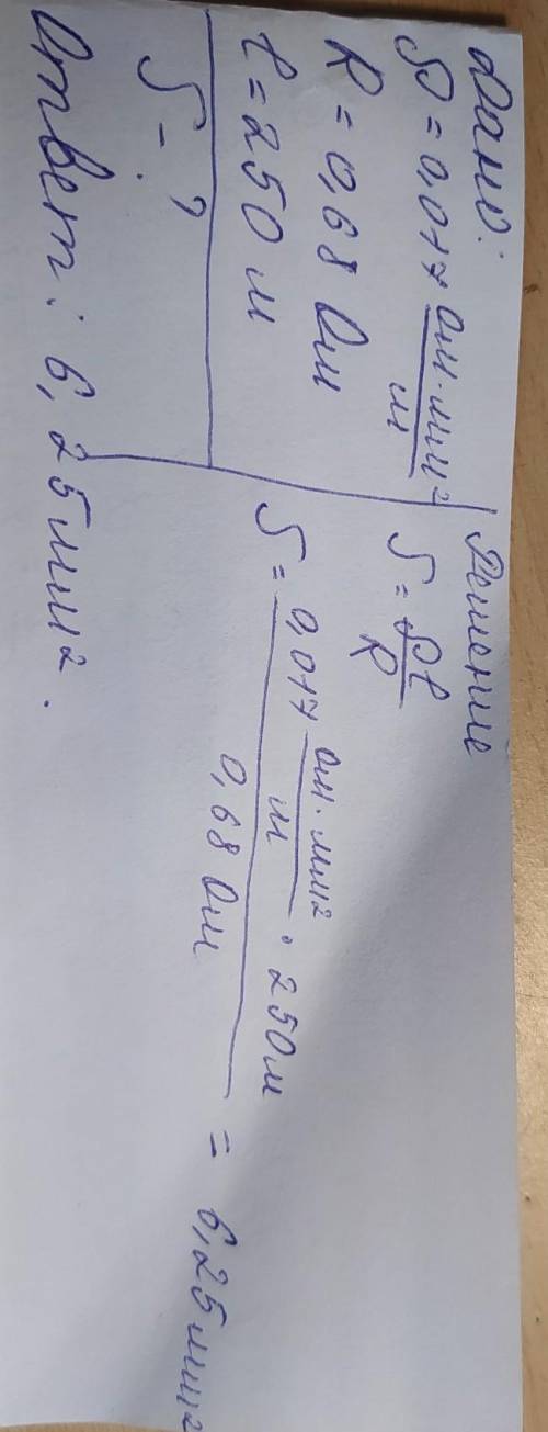 Медный провод длиной 250 м имеет сопротивление 0,68 ом . определите площадь поперечного сечения пров