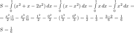 S= \int\limits^1_0 {(x^2+x-2x^2)} \, dx = \int\limits^1_0 {(x-x^2)} \, dx =\int\limits^1_0 {x} \, dx -\int\limits^1_0 {x^2} \, dx = \\ \\ = \frac{x^2}{2} |_0^1- \frac{x^3}{3} |_0^1= \frac{1^2}{2} - \frac{0^2}{2}-( \frac{1^3}{3}- \frac{0^3}{3})= \frac{1}{2} - \frac{1}{3} = \frac{3-2}{6} = \frac{1}{6} \\ \\ S= \frac{1}{6}