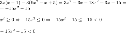 3x(x-1)-3(6x^2-x+5)=3x^2-3x-18x^2+3x-15=\\=-15x^2-15\\\\x^2\geq0\Rightarrow -15x^2\leq0\Rightarrow-15x^2-15\leq-15\ \textless \ 0\\\\-15x^2-15\ \textless \ 0