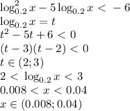 \log_{0.2}^2x-5\log_{0.2}x\ \textless \ -6\\\log_{0.2}x=t\\t^2-5t+6\ \textless \ 0\\(t-3)(t-2)\ \textless \ 0\\t\in(2;3)\\2\ \textless \ \log_{0.2}x\ \textless \ 3\\0.008\ \textless \ x\ \textless \ 0.04\\x\in(0.008;0.04)