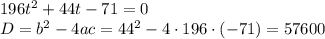 196t^2+44t-71=0\\ D=b^2-4ac=44^2-4\cdot 196\cdot(-71)=57600