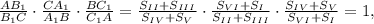 \frac{AB_1}{B_1C}\cdot \frac{CA_1}{A_1B}\cdot \frac{BC_1}{C_1A}=&#10;\frac{S_{II}+S_{III}}{S_{IV}+S_{V}}\cdot &#10;\frac{S_{VI}+S_{I}}{S_{II}+S_{III}}\cdot&#10;\frac{S_{IV}+S_{V}}{S_{VI}+S_{I}}=1,