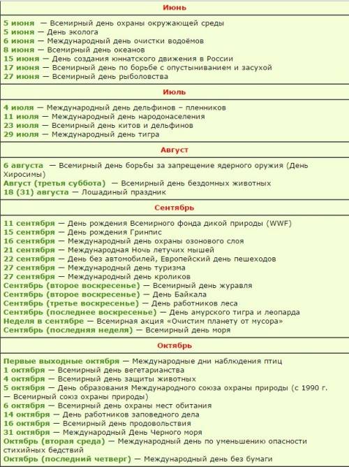 Какие дни входят в экологически календарь