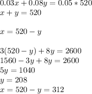 0.03x+0.08y=0.05*520\\x+y=520\\\\x=520-y\\\\3(520-y)+8y=2600\\1560-3y+8y=2600\\5y=1040\\y=208\\x=520-y=312