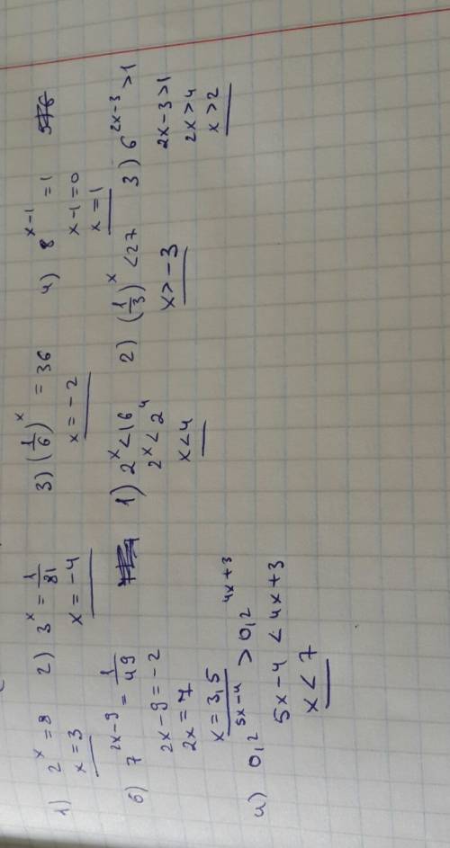 Решите уравнения: 1) 2^x=8; 2) 3^x=1\81; 3) (1\6)^x=36; 4) 8^x-1=1; 5) 6^x^2-8x+4=1; 6) 7^2x-9=1\49