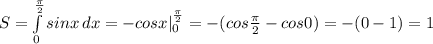 S= \int\limits^ \frac{ \pi }{2} _0 {sinx} \, dx =-cosx | ^{ \frac{ \pi }{2} } _{0} =-(cos \frac{ \pi }{2}-cos0) =-(0-1)=1