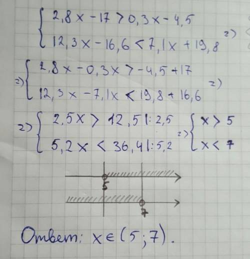 Решить систему неравенств 2,8x-17> 0,3x-4,5 12,3x-16,6 < 7,1x+19,8