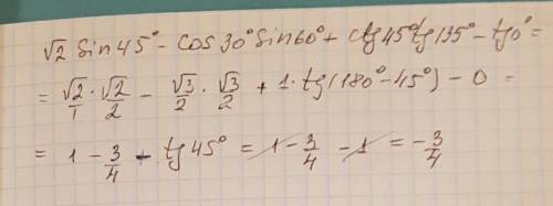 √2sin45°-cos30°sin60°+ctg45°tg135°-tg0