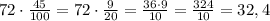 72\cdot \frac{45}{100}=72\cdot \frac{9}{20}=\frac{36\cdot 9}{10}=\frac{324}{10}=32,4