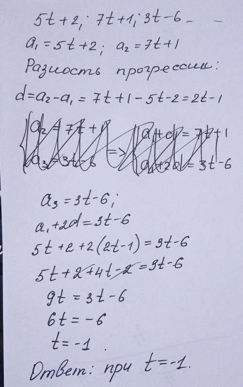 45)числа 5t + 2; 7t + 1; 3t –6 образуют арифметическую прогрессию при t равном