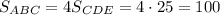 S_{ABC} = 4S_{CDE} = 4 \cdot 25 = 100