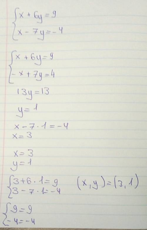 Метадом сложения {x+6y=9 {x-7y=-4 (это одна система )