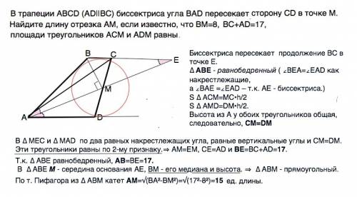 Решить . в трапеции abcd (аd||bc) биссектриса угла bad пересекает сторону cd в точке м. найдите длин