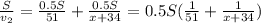 \frac{S}{v_2} =\frac{0.5S}{51} + \frac{0.5S}{x+34} =0.5S( \frac{1}{51}+ \frac{1}{x+34} ) \\ \\