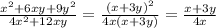 \frac{ x^{2} +6xy+9y^2 }{4 x^{2} +12xy} = \frac{(x+3y)^2}{4x(x+3y)} = \frac{x+3y}{4x}