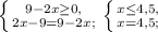 \left \{ {{9-2x \geq 0,} \atop {2x-9=9-2x;}} \right. \left \{ {{x \leq 4,5,} \atop {x=4,5;}} \right.