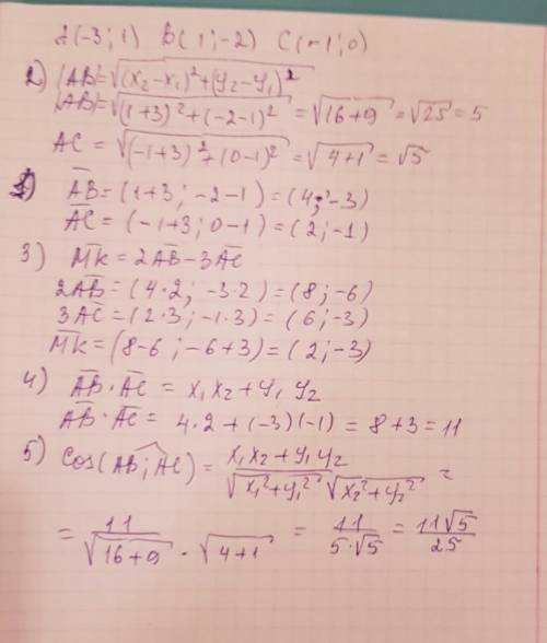 Даны точки a (-3; 1), b (1; -2) и c (-1; 0). найдите 1) координаты векторов ав и ac; 2)модули вектор