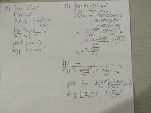 Найдите промежутки убывания и возрастания функции а) f(x)=x^4-15 b) f(x)=9x+5x^2-4x^3
