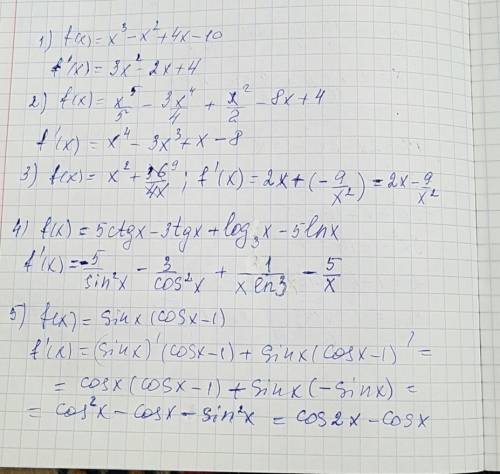 Найдите производную функции 1) f (x)=x^3-x^2+4x-10 2) f (x)=x^5/5-3x^4/4+x^2/2-8x+4 3) f (x)=x^2+36/