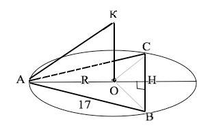 Ac=ab=17 см, bc=16 см. o - центр описанной окружности. ok перпендикулярно треугольнику abc, ok=5 см.