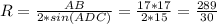 R= \frac{AB}{2*sin(ADC)} = \frac{17*17}{2*15} = \frac{289}{30}