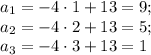 a_1=-4\cdot 1+13=9;\\ a_2=-4\cdot 2+13=5;\\ a_3=-4\cdot3+13=1