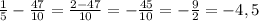 \frac{1}{5} -\frac{47}{10} =\frac{2-47}{10} =-\frac{45}{10} =-\frac{9}{2} =-4,5